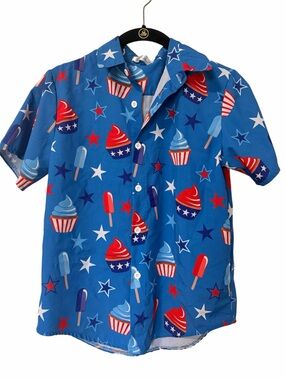 Kids Blue Patriotic Cupcake & Popsicle Button-Up Shirt